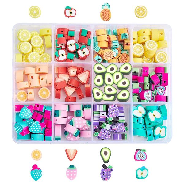 NBEADS 180 Pcs Polymer Clay Beads, 12 Style Fruit Beads Handmade Polymer Clay Spacer Beads Mixed Fruit Theme Soft Pot Beads Crafts Accessories for Jewelry Making