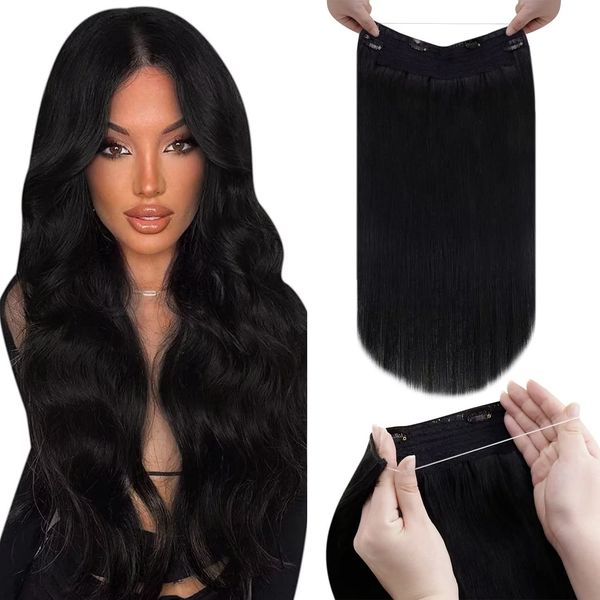 LaaVoo Unsichtbar Fish Line Echthaar Extensions mit Draht Schwarz Invisible Secret Wire Extensions Echthaar Schwarz Extensions Echthaar mit Unsichtbarem Draht Jet Schwarz #1 80g 30cm