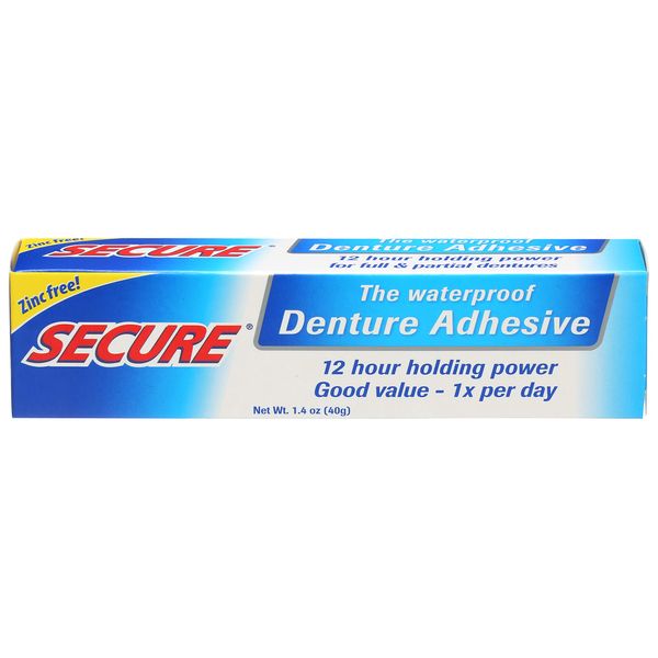 Secure Waterproof Denture Adhesive - Zinc Free - Extra Strong Hold For Upper, Lower or Partials - 1.4 oz