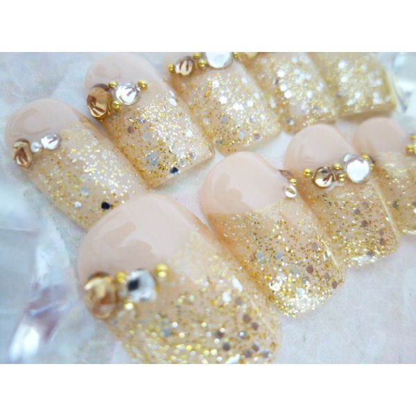 Custom nail tip topaz gold glitter beige