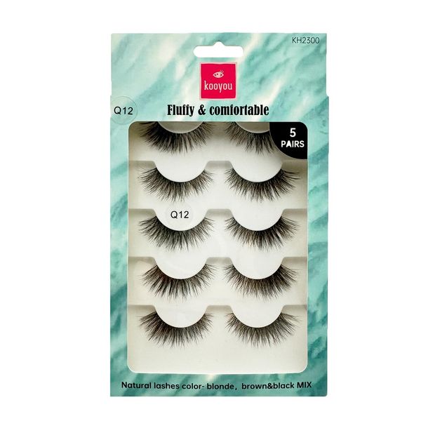 Kooyou Classic Natural False Eyelashes,Cat Eye Lashes Volume Fox Eyelashes,Natural Brown&black Mix Matter PBT,3D Curl Thick Fake Eyelashes,Reusable Adhesive Eyelashes,#Q12 Includes 5 Pairs of Lashes