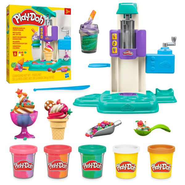 Play-Doh Rainbow Swirl Ice Cream Playset with 7 Pretend Play Kitchen Accessories, Arts and Crafts Toys for 3 Year Old Girls and Boys and Up