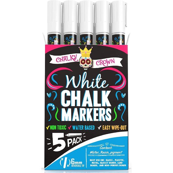 Chalky Crown - Chalk Pens - Liquid Chalk Markers - Dry Erase Chalk Pen for Chalkboards, Signs, Windows, Blackboard & More - 24 Chalkboard Labels Included - 5 Pack, White, 6 mm