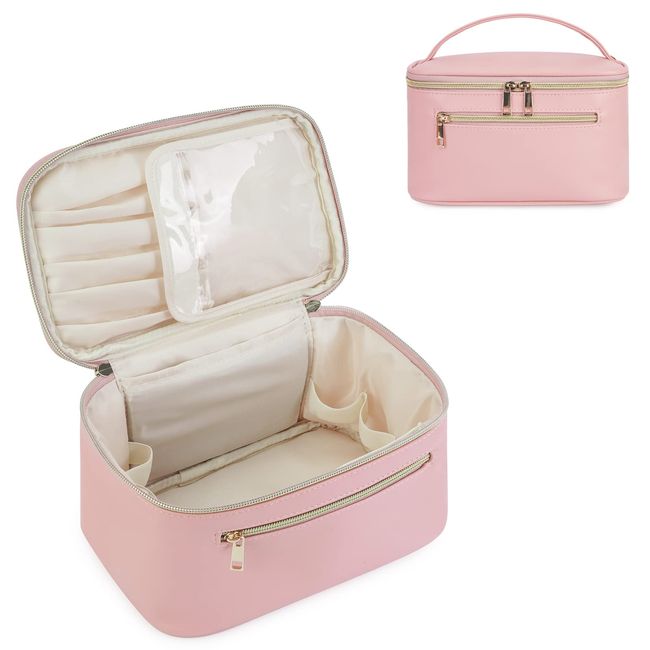 Makeup Bag Travel Cosmetic Bags with Brush Compartment Large Portable Make Up Bag with Handle PU Leather Water-Resistant Makeup Organiser Case for Women, Pink