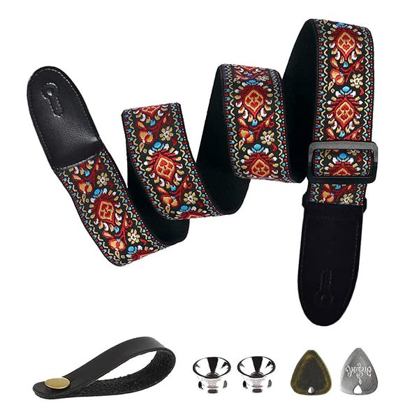 BetterJonny Gitarrengurt, Baumwolle Verstellbarer Gitarrenband Gitarre Schultergurt Guitar Strap mit Lederenden Gurtschlösser Gitarrenhals Gurt für Westerngitarre E-Gitarre Akustikgitarre Bass, Rot