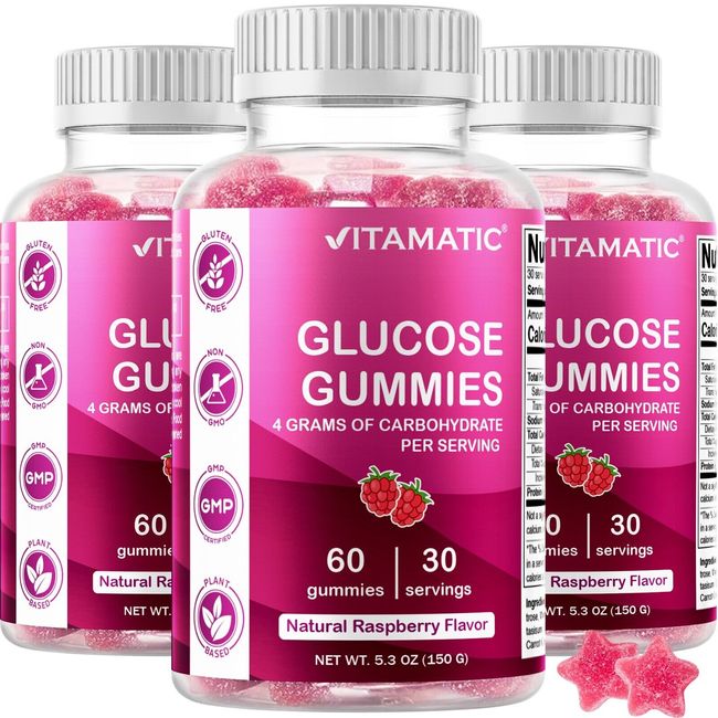 (3 pack) Vitamatic Glucose Chweble Gummies - 60 Count - Natural Raspberry Flavor