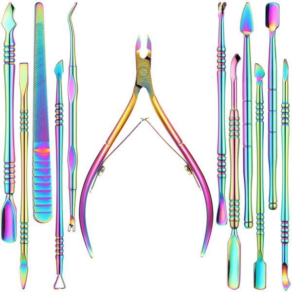 12 Pieces Cuticle Nippers Cuticle Pusher Ingrown Nail Kit Triangle Nail Polish Remover Nail Cleaner Fork Nail File Lifter Cuticle Peeler Scraper for Fingernail Toenail Manicure(Rainbow)