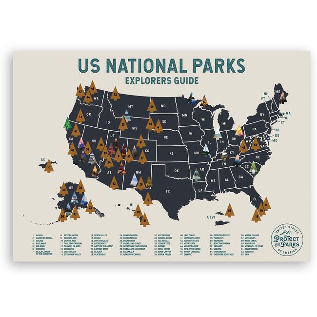 Epic Adventure Maps US National Parks Scratch Off Poster, National Park Posters Reveals Pine Shaped Nature Photographs, Beige, 24 x 17 Inches