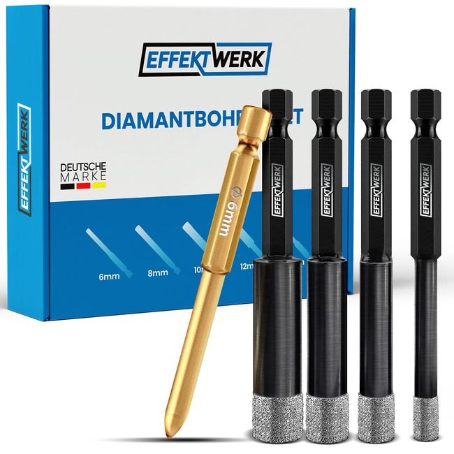 EFFEKTWERK Fliesenbohrer Set für harte Fliesen - Diamantbohrer Fliesenbohrer 6mm 8,10,12 & Anbohrer - Feinsteinzeug Bohrer Glasbohrer Granit Marmor Keramikbohrer - Fliesen Bohrer - Sechskantschaft