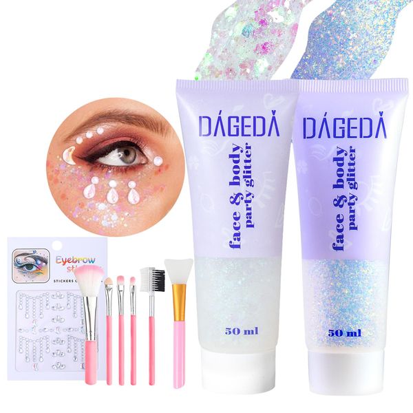 U-Shinein Body Glitter Gel 100ml, Face Glitters with Brush Set, Face Hair Nails Chunky Glitter, Body Gel Sequins Shimmer Liquid Eyeshadow, Holographic Cosmetic Festival Glitter Makeup(White+11 Blue)