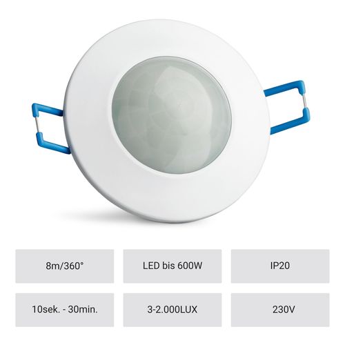 SEBSON® Indoor Motion Detector, Flush-Mounted, Surface-Mounted, Ceiling Mounting, Programmable, Infrared Sensor, Range 8 m / 360°, Suitable for LED, 3-Wire, White