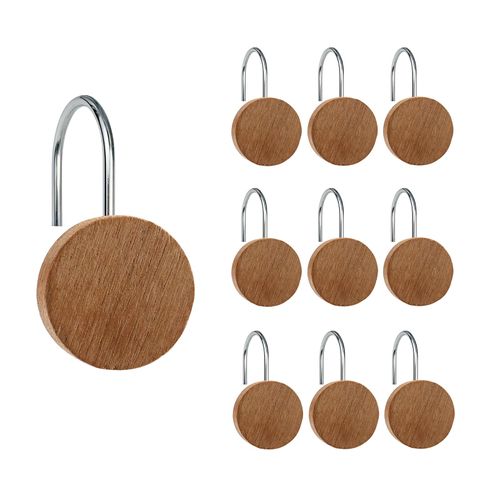 Shower Curtain Hooks, Wood Decorative Shower Curtain Rings, Modern Round Log Shower Curtain Hangers, 12PCS Shower Hooks for Shower Curtain Rod, Bedroom, Living Room (Silvery)