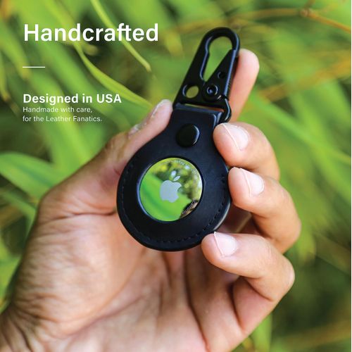 KORDIZ Airtag Holder Leather Case with Clasp and Key Ring Keychain - Air Tag Holder Full Grain Crazy Horse Leather Cases for Apple Airtags Protective Cover Accessories - Handmade (Black)