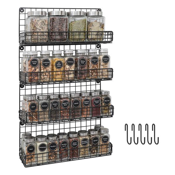 X-cosrack Spice Rack Organizer Wall Mounted 4-Tier Stackable Hanging Spice Storage Racks,Great for Kitchen and Pantry Storing Spices, Large with 5 Hooks, Up to Storage 80 Jars(Patent No.:D909138S)