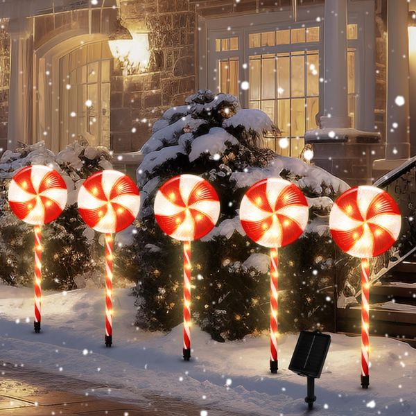 5 Pack Lollipop Christmas Pathway Lights, 8 Modes Candy Cane Christmas Decorations,Waterproof Outdoor Garden Stake Lights for Yard Lawn Patio Party