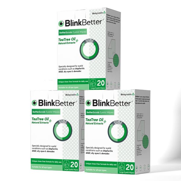 BlinkBetter Tea Tree Oil Eyelid Wipes - 60 x Natural Blepharitis, MGD & Dry Eye Relief Wipes | Cleansing, Soothing, Dual-Textured, Triple Moisture Formula | Biodegradable & Gentle (Pack of 3)