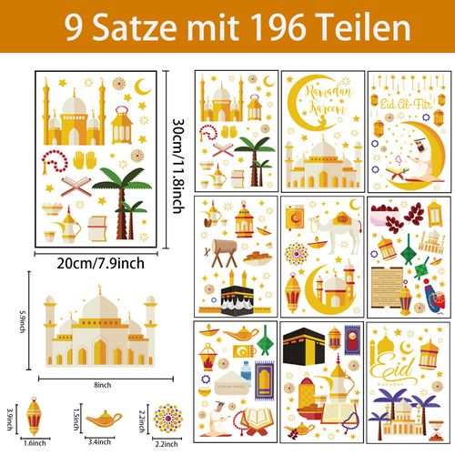 Pack of 196 Ramadan Window Stickers, Eid Mubarak Window Stickers, Star Crescent Lantern Stickers, Ramadan Decorations for Home, Window Stickers for Muslim Eid Mubarak Party