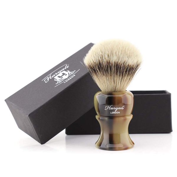 Haryali London Handmade Shaving Brush with Imitation Horn Handle- Shaving Brush for Mens Shaving - Made with Silver Tip Badger Hairs