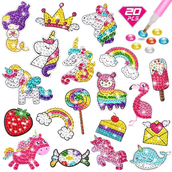 CAYUDEN Diamond Painting Stickers, 20pcs Unicorn Diamond Painting Accessories 5D Diamond Art for Kids DIY Gem Stickers Kit Unicorn Diamond Painting Mosaic Kits Gem Arts and Crafts for Kids Age 6 8 10