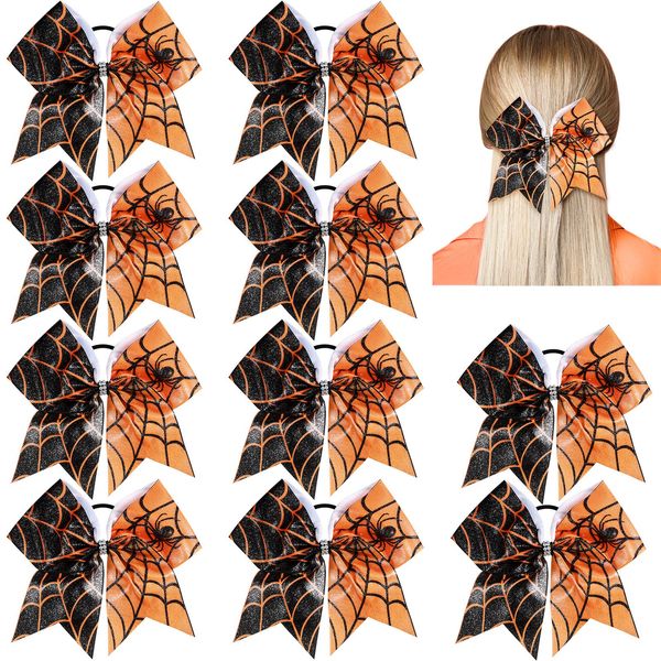 10 Pcs Halloween Jumbo Cheerleading Bow 8 Inch Cheer Hair Bows Cheerleader Hair Bows with Ponytail Holder Halloween Hair Tie Elastic Band Hair Accessories for Teens Kids Girls(Spider Web)