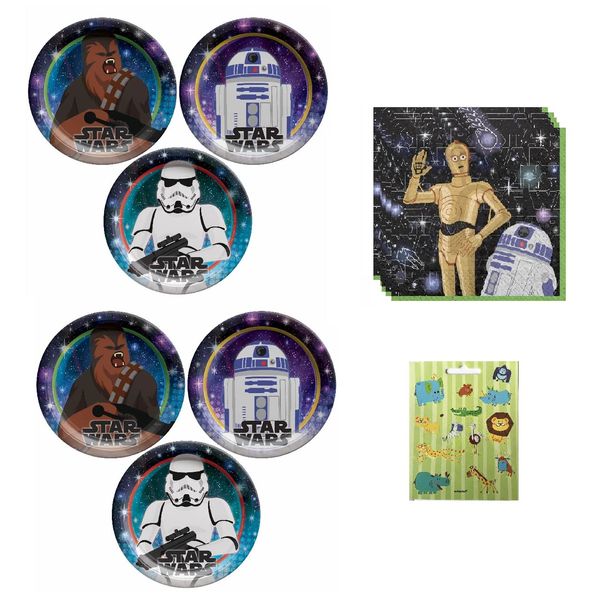 Star Wars Galaxy Birthday Party Supplies Bundle Pack includes 16 Dessert Cake Plates and 16 Napkins