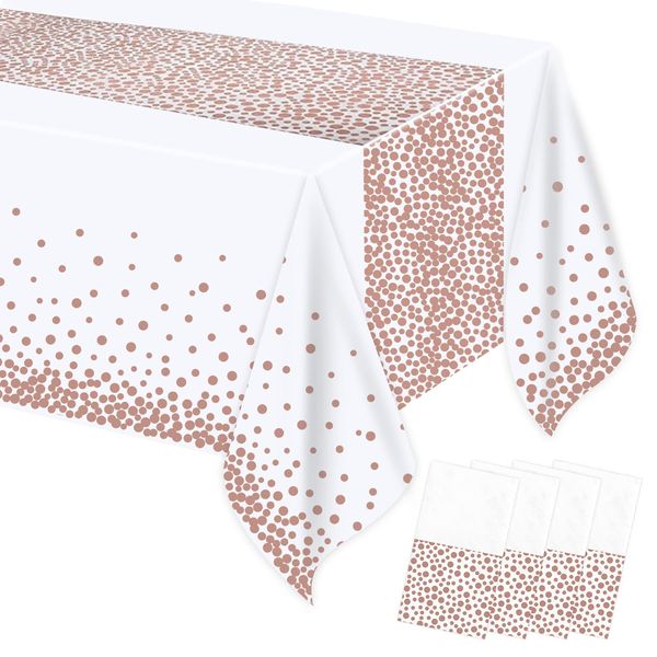 MOKANI Plastic Disposable Tablecloths, 4 Pack Party Table Cover, Rose Gold Dot Confetti Rectangular Table Cloths for Parties, Picnic, Halloween, Christmas, Birthday Baby Shower Decorations 54" x 108"