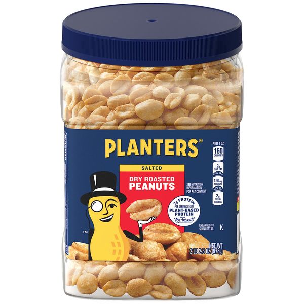 PLANTERS Dry Roasted Peanuts, 34.5 oz. Resealable Plastic Jar - Peanuts with Sea Salt - Peanut Snacks - Shareable Snacks - Heart Healthy Snacks for Adults - Great School Snack or Work Snack - Kosher