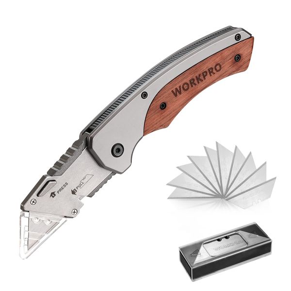 WORKPRO Utility Knife, Utility Knife, Folding Cutter, Liner Lock, Wood Handle, Belt Clip, SK5 with 10 Replacement Blades