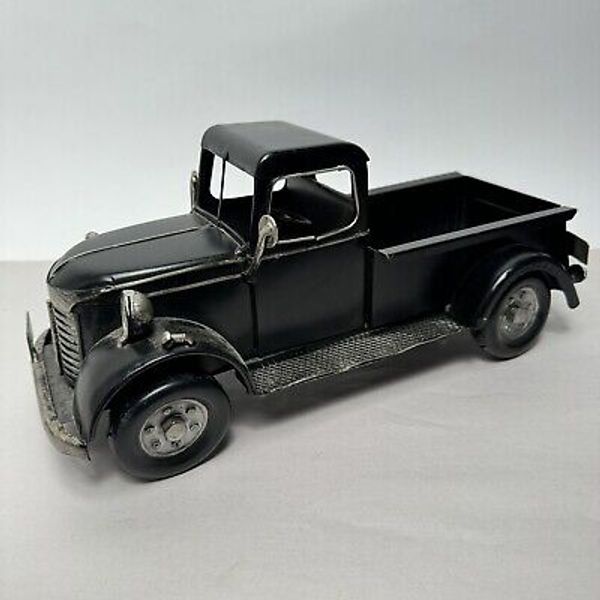 Primitive BLACK PICKUP TRUCK Vtg Style FARM Metal Figurine 12.5" Retro Look