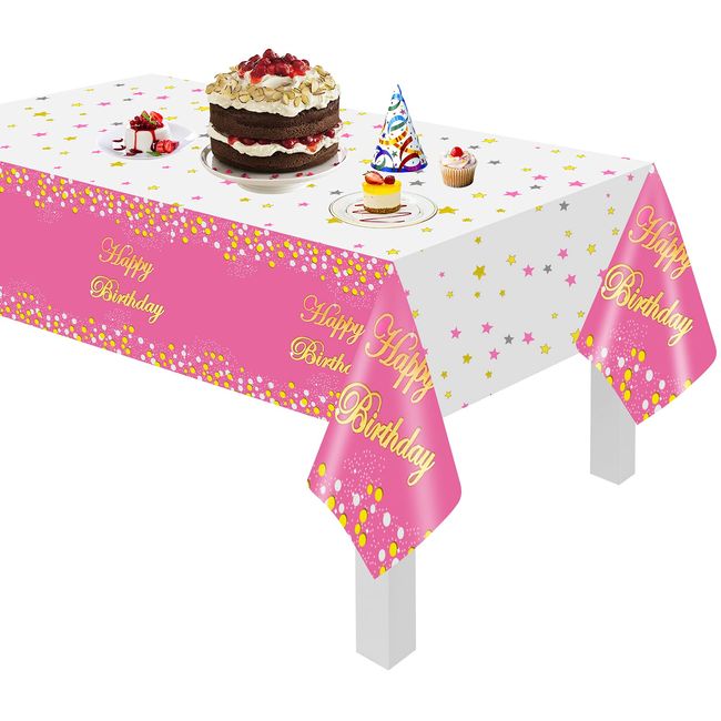 Paready Birthday Tablecloth, Party Disposable Table Cover, Table Mat, Decorative, Birthday Happy Birthday Decoration, Celebration, 53.9 x 108.7 inches (137 x 274 cm), White, Pink