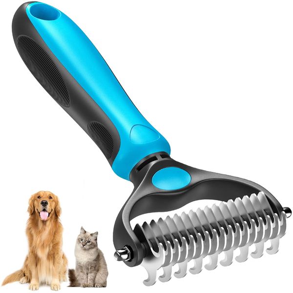 Pet Grooming Brush, Dog Brush Cat Brush Double Sided Shading and Demat Undercoat Rake Comb for Dogs and Cats, Mat and Dog Grooming Rake Tool for Removing Tangles, Extra Wide, Safe, Effective, Comfortable Cat Hair Removal