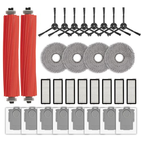 (30 Pack) Q Revo S Replacement Parts Compatible with Roborock Qrevo S, Qrevo Pro, Qrevo MaxV, QRevo Plus Robot Vacuum, 2 Roller Brushes, 8 Black Side Brushes, 8 Dust Bags, 8 HEPA Filters, 4 Mop Pads
