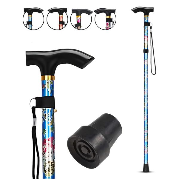 HATAF® Walking Stick, Folding Walking Sticks for Women, Folding Walking Sticks for Men, Mobility Aids walking stick rubber ends, disability aids folding walking sticks for ladies (Blue Flowers)