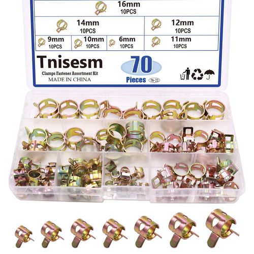 Tnisesm 70 Pcs Spring Band Type Action Pipe Clamp, Air Hose Tube Water Pipe Fuel Pipe Silicone Vacuum Hose Clamp Fasteners Assortment Kit(6mm, 9mm, 10mm, 11mm, 12mm, 14mm, 16mm) TN-23