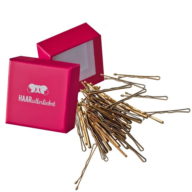 HAARallerliebst Haarklammern klein Bobby Pins mini (50 Stück | gold glitzer | 3,4cm kurz) für blonde Haare inkl. Schachtel zur Aufbewahrung