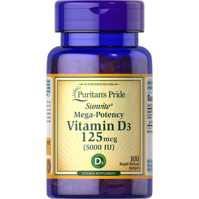 Mega Potency Vitamin D3 5000 IU 100 Softgels 125 mcg Bone Immune D-3 Gluten Free