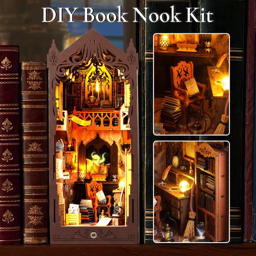 TuKIIE DIY Book Nook Miniature Kit, Booknook Dollhouse Bookshelf Insert with Sensor Light & Dust Proof, Wooden Decorative Bookend Stand Model Kits for Kids Teens Adults(Magic Library)