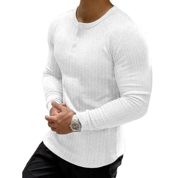 Muscle Cmdr Men's Ribbed Henley Shirt Slim Fit Muscle Shirt Fitted Cotton Long Sleeve Casual T-Shirt White/L