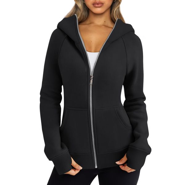 Trendy Queen Womens Hoodies Full Zip Oversized Sweatshirts Pullover Fleece Sweaters Long Sleeve With Pockets Winter Coats Fall Outfits Y2k Clothes Fashion Teen Girls Black