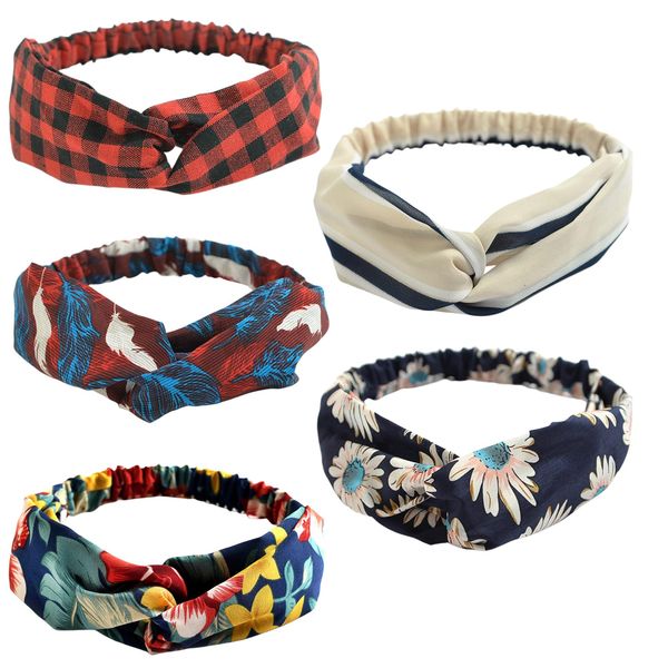 scicent Hairbands Women Elastic Heab Band Vintage Printed Twisted Head Wrap Hair Bands Stretchy Hair Scrunchies Fashion Headband - 5 Pack - 3114