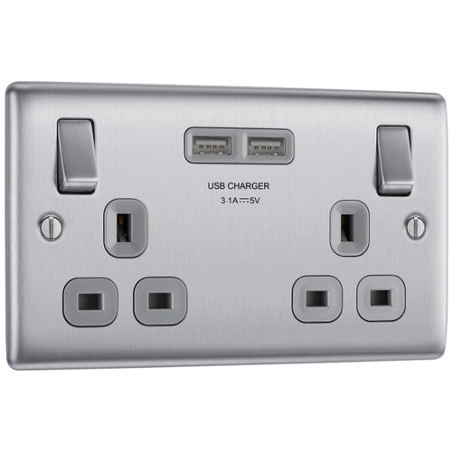 BG Electrical nbs22u3g Double Switched Fast Charging Power Socket with Two USB Charging Ports, 13 A, Brushed Steel with Grey Inserts