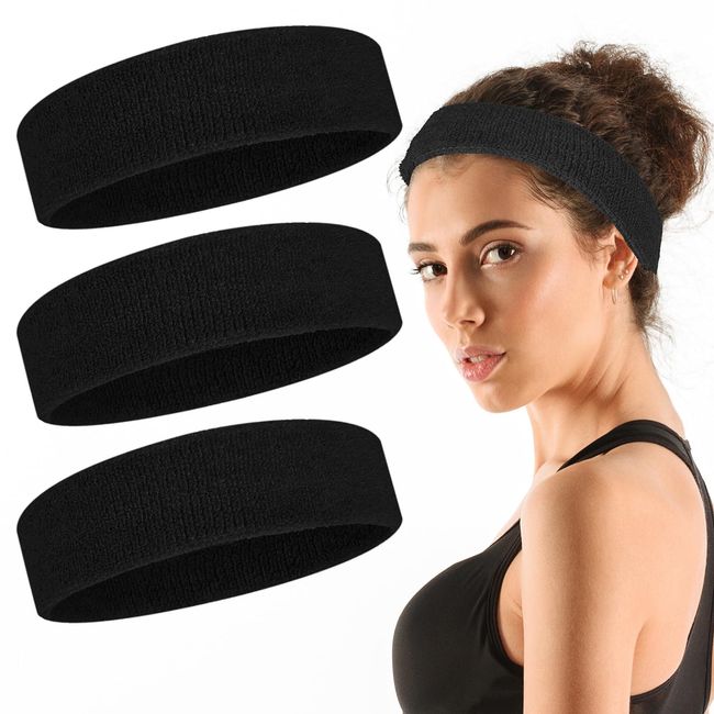 Amabro 3 Stück 5 cm elastische Stirnbänder, bequemes Sport Stirnband weiche Stretch Stirnbänder rutschfeste Haarbänder Workout Haarbänder für Frauen Make up Haar Accessoire (Schwarz)