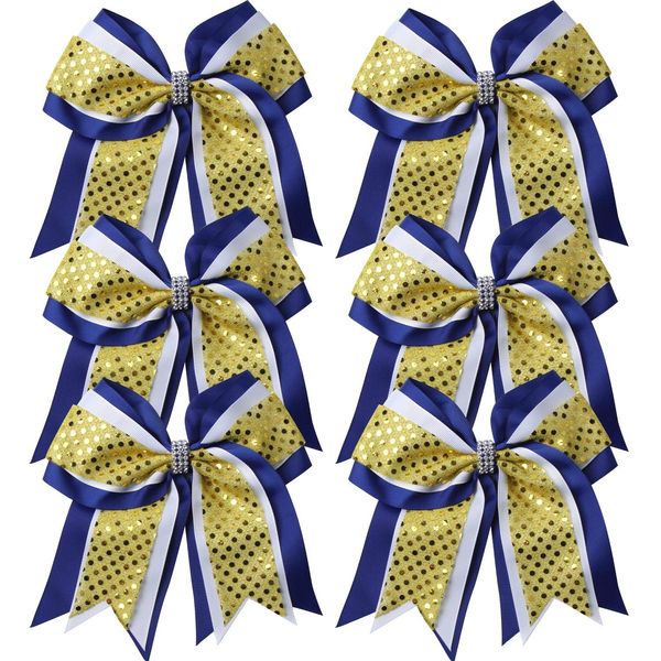 Cheerleader Bows 8 Inch 3 Layers 6 Pcs Ponytail Holder Jumbo Cheerleading Bows Hair Elastic Hair Tie for High School College (Royal Blue/White/Yellow)