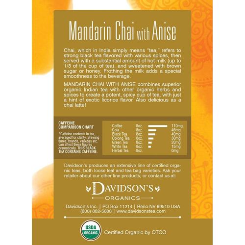 Davidson's Organics, Mandarin Chai w/Anise, 8-count Tea Bags, Pack of 12
