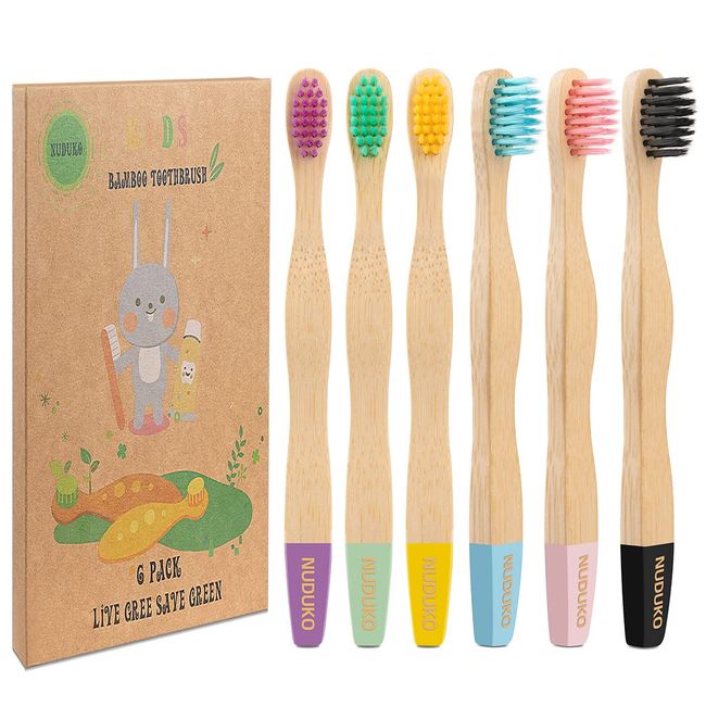 NUDUKO Bamboo Kids Toothbrushes (6 Pack) - Soft Bristle Organic Compostable BPA Free Toothbrush for Kids Toddler Baby Tooth Brush, Eco Friendly Natural Biodegradable Wooden Toothbrush