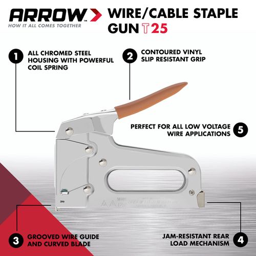 Arrow T25 Heavy Duty Staple Gun for Low Voltage Cables and Wires up to 1/4-Inch Diameter - Silver