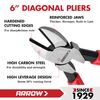 ARROW 6" High Leverage Diagonal Cutting Pliers, Wire Cutters with Comfortable Grip, Side Cutters for Cutting Wires