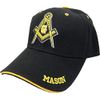 AborenCo Freemason Mason Lodge Symbol Adjustable 3D Embroidery Baseball Cap Hat (Black & Yellow Trim)