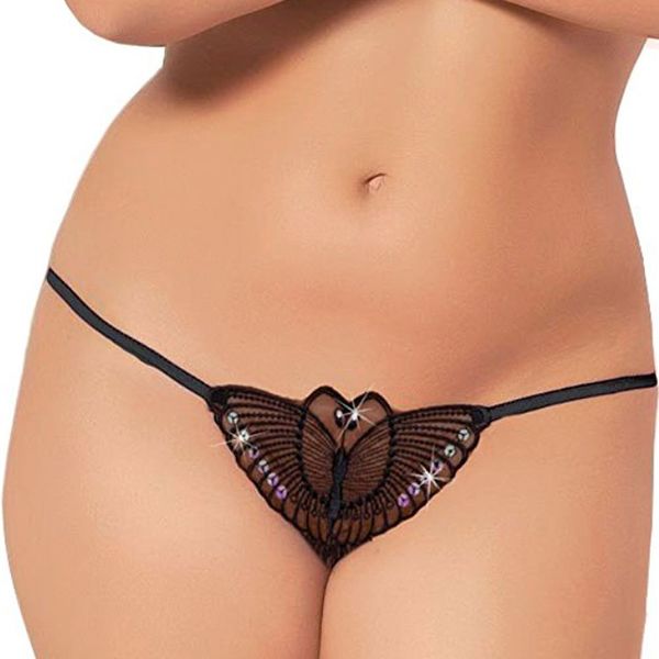 Seven 'til Midnight Women's Plus Size Butterfly Sequined Crotchless Thong, Black