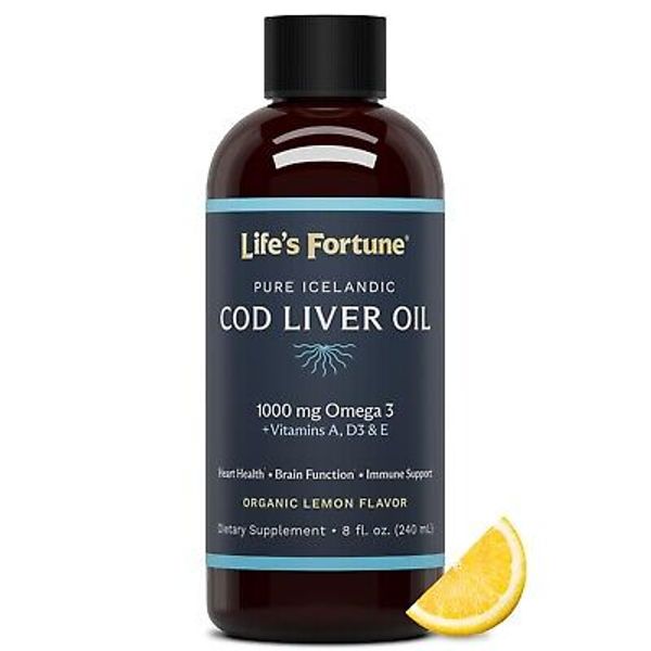 Life's Fortune Cod Liver Oil Liquid Organic Lemon Flavor, Vitamin A, E & D, 8oz